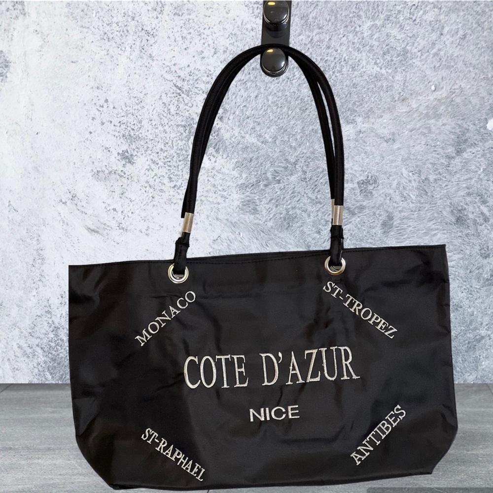 French Riviera Cote D’AZUR Black Nylon Tote Bag lg NEW